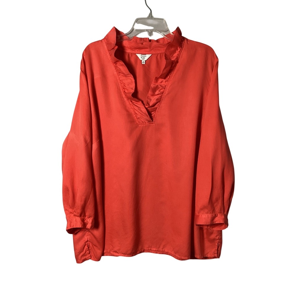 Crown & Ivy Ruffle V-Neck Blouse Women 3X Coral Red Long Sleeve Tencel Top